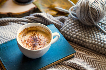 Autumn coffee cup with book and knitting wool and needles, cozy fall deco concept, home lifestyle warm coffee cup in autumn season