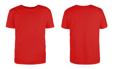 Men's red blank T-shirt template,from two sides, natural shape on invisible mannequin, for your design mockup for print, isolated on white background...