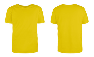 Men's yellow blank T-shirt template,from two sides, natural shape on invisible mannequin, for your design mockup for print, isolated on white background...