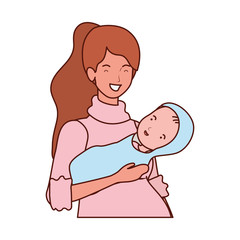 cute pregnancy mother lifting little baby characters