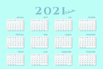 Calendar template for 2021 year on mint color background. Week Starts on Sunday. Vector 10 EPS