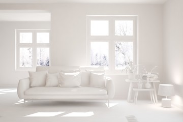 Mock up of stylish room in white color with sofa and winter landscape in window. Scandinavian interior design. 3D illustration