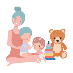 cute pregnancy mother with little kids characters