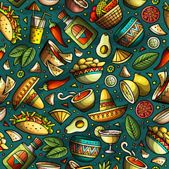 Obraz premium Cartoon hand-drawn latin american, mexican seamless pattern