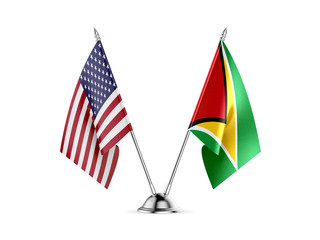 Desk flags, United States  America  and Guyana, isolated on white background. 3d image