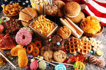 Unhealthy products. food bad for figure, skin, heart and teeth.