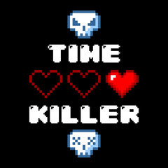 Minimalistic pixel art vector objects isolated game 8 bit style graphic symbols. Time killer skull and heart