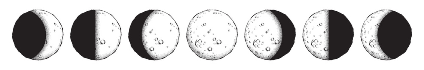 Antique style hand drawn line art and dot work moon phases isolated. Boho chic flash tattoo, poster, altar veil or tapestry design vector illustration. © croisy