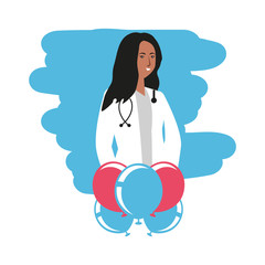 afro woman doctor with balloons helium labor day celebration