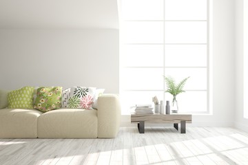 Stylish room in white color with sofa. Scandinavian interior design. 3D illustration