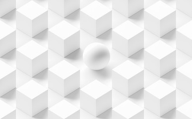 abstract concept of diversity. white sphere surrounded by white cubes. 3d illustration and wallpaper