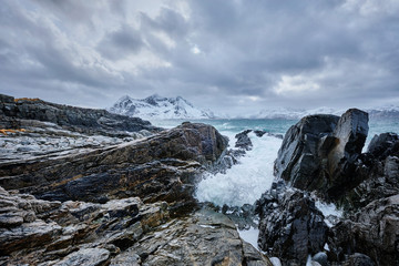 Norwegian Sea waves on rocky coast of Lofoten islands, Norway