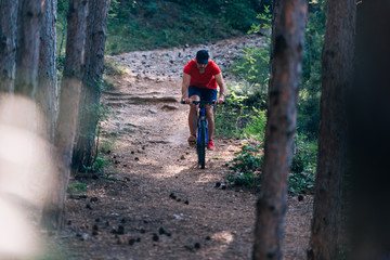 Obraz premium Fit cyclist riding his bike downhill through a forest ( woods ) while wearing a red shirt and red shoes.