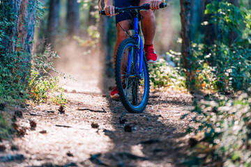 Fototapeta na wymiar Man on mountain bike rides on the trail through the woods while moving extremely fast.