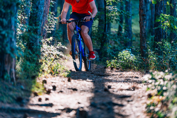 Man on mountain bike rides on the trail through the woods while moving extremely fast.
