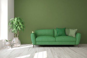 Stylish room in grey color with modern furniture. Scandinavian interior design. 3D illustration