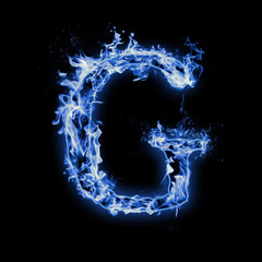 Letter G. Blue fire flames on black isolated background, realistic fire effect with sparks. Part of alphabet set © Oleg_Yakovlev