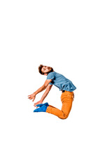Caucasian young man dance, full length portrait isolated