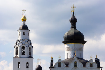 Domes of russian churches in Sviyazhsk on the blue sky