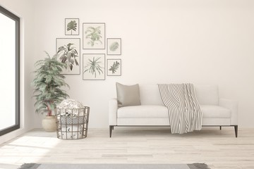 Stylish room in white color with sofa. Scandinavian interior design. 3D illustration