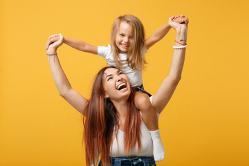 Woman in light clothes have fun with cute child baby girl 4-5 years old. Mommy little kid daughter...