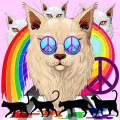 'Imagine' Cat Rainbow Peace and Love with the Four Liverpool Legendary Dudes Surreal Vector Illustration 