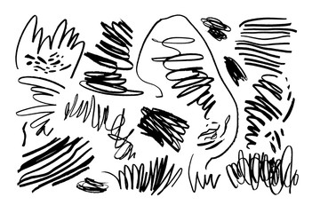 Big collection of black brush strokes, lines, grunge curly elements. Vector ink illustration.