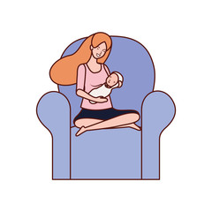 cute pregnancy mother with little baby seated in sofa