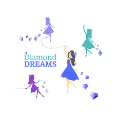 Colorful fairy princess silhouette with diamonds vector set. Set of Fairies Silhouette stencil with crystals on white background. Vector illustration for logo, kids fashion, invitation, decor.