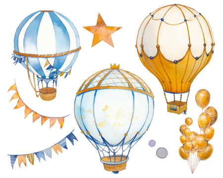 Watercolor carnival set. Hand painted clip art with party elements isolated on white background. Hot air balloons, bunting, stars.