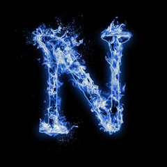 Letter N. Blue fire flames on black isolated background, realistic fire effect with sparks. Part of alphabet set