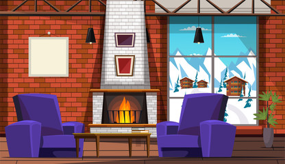 Ski resort hotel room interior vector illustration