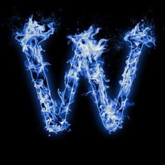 Letter W. Blue fire flames on black isolated background, realistic fire effect with sparks. Part of alphabet set