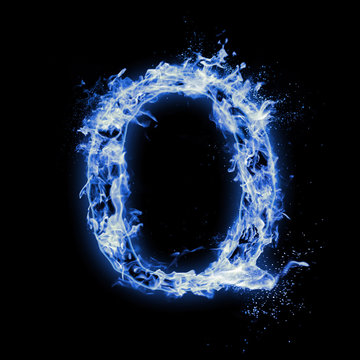 Letter Q Blue fire flames on black isolated background, realistic fire effect with sparks. Part of alphabet set