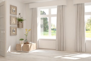 Stylish empty room in white color with summer landscape in window. Scandinavian interior design. 3D illustration