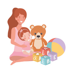 cute pregnancy mother seated with little girl characters