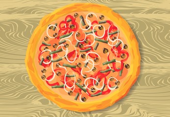 Tasty wholesome food. Real hot pizza. Vector