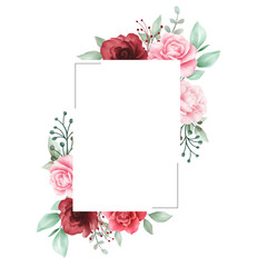 Elegant watercolor flowers frame for wedding or greeting card composition. Floral illustration of red roses, peonies, leaf, branches. Wedding invitation flower background