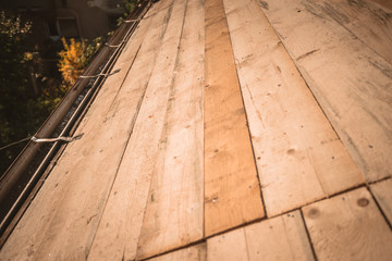 Rooftop reparations,new construction materials and the view from the top of the building.