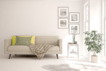 Stylish room in white color with sofa. Scandinavian interior design. 3D illustration