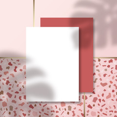 Letterheads on Terrazzo Tile Floor Pattern Background with a Tropical Monstera Palm Leaves Shadow Overlay. Realistic Vector Stationary Mockup Scene with Natural Lighting on Top. Pink Colors