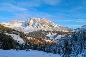 Wide Landscape of Pela the Vit, on Stevia in the Dolomites above Wolkenstein, Selva. Sundown in the dolomites in Südtirol