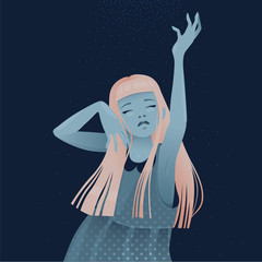 A girl in a polka-dot dress stretches her arms up to catch snow stock illustration
