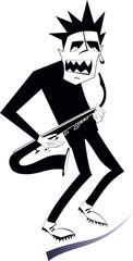 Cartoon saxophonist illustration.  Expressive saxophonist is playing music with the great inspiration black on white illustration