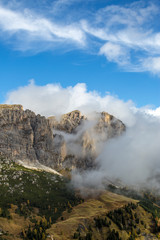 Passo Gardena in the Dolomites above Val Gardena and Corvara. Beautiful Dolomite Mountains in the Italian Alps