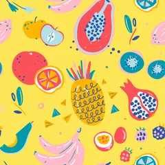 Tuinposter Hand drawn illustrations of fruit in bright colors and modern handrawn sketch style. Neon vector seamless pattern. Endless background of tropical fruit ingredients, good for print textile or wrapping. © Favebrush