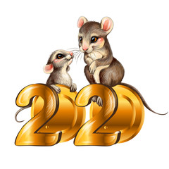 Cute mouse represents the symbol 2020. Hand drawn, Golden graphic symbol of 2020 with two mice on a white background.