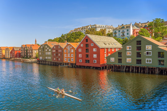 Double scull boat on Nidelva river.Trondheim.Trondelag county.Norway