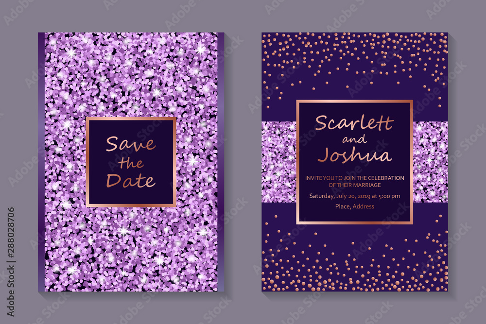 Wall mural Wedding invitation design or greeting card templates with sparkling purple glitter confetti and rose gold frames on a dark violet background.