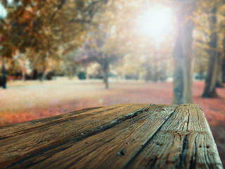 Naklejka na ściany i meble Wooden table top with autumn background. Empty space for decoration, text or products.